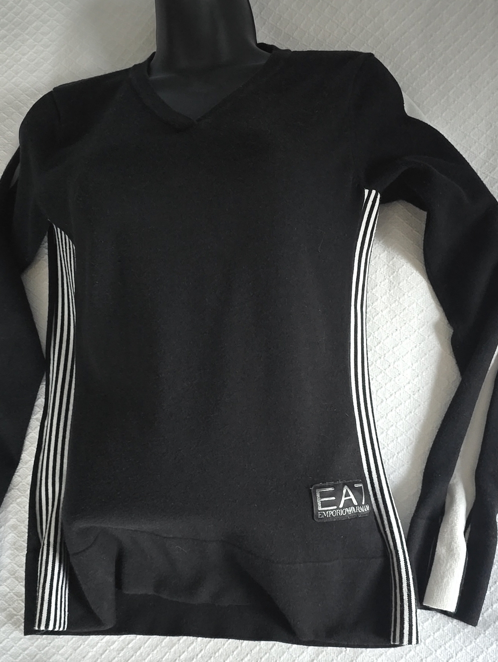 💥EA7 Emporio Armani Black V-Neck Knit Sweater Striped Sides & Sleeves L